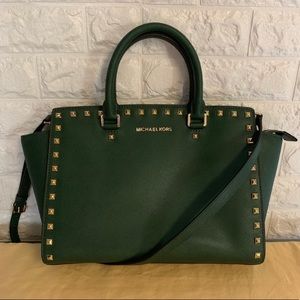 MK Selma Hunter Green Studded Satchel Crossbody